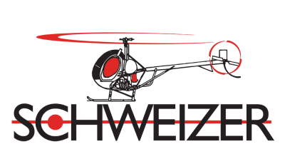 Silhouette of helicopter with 'SCHWEIZER' text underneath in black and red.