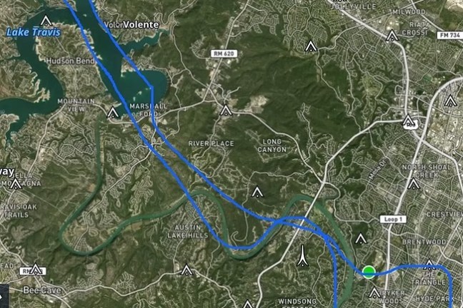 Satellite map of Austin, Texas with blue route highlighted.